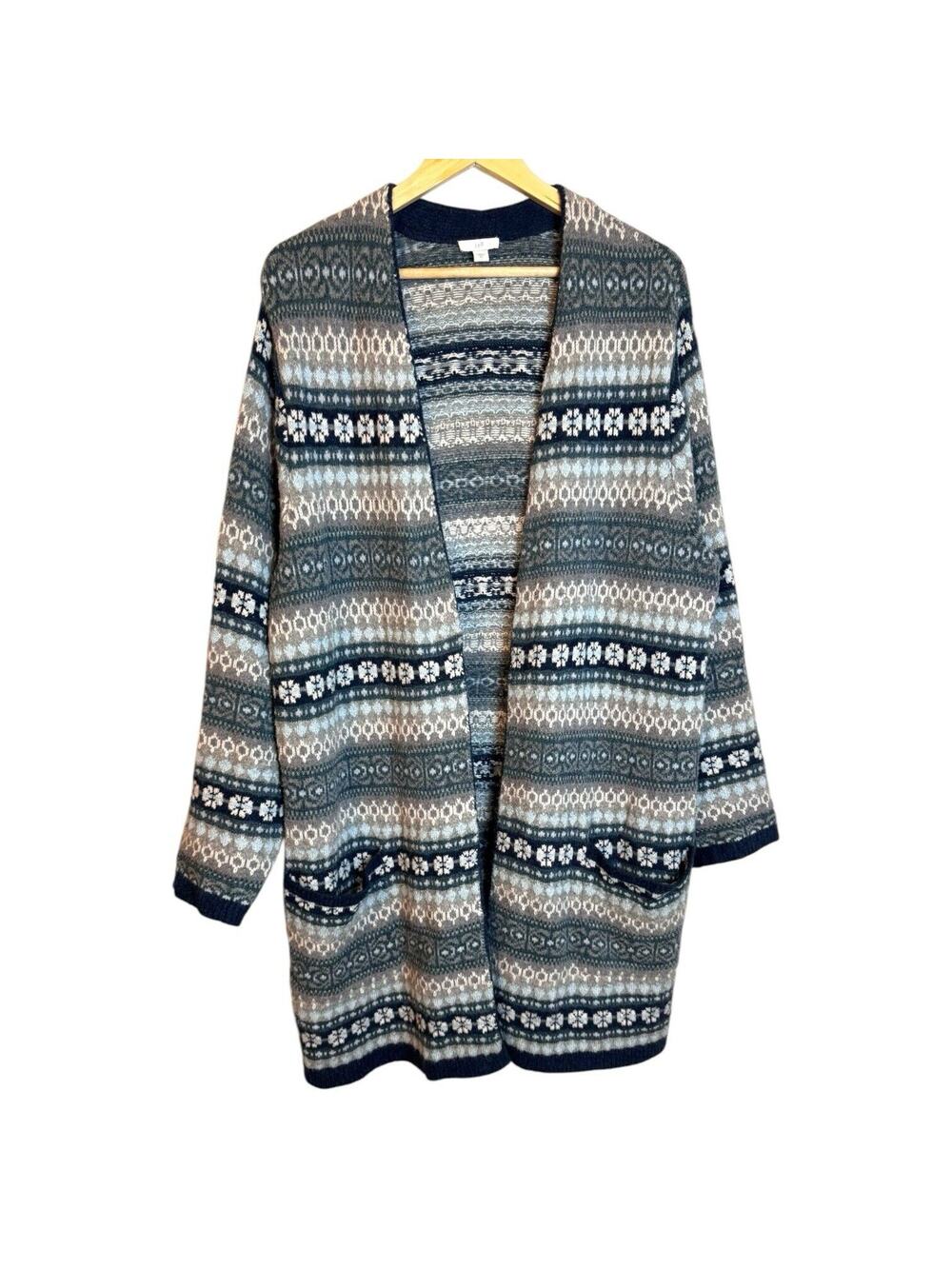 J Jill Fair Isle Colorful Longline Duster Cardigan Sweater XL Cotton Wool Blend
